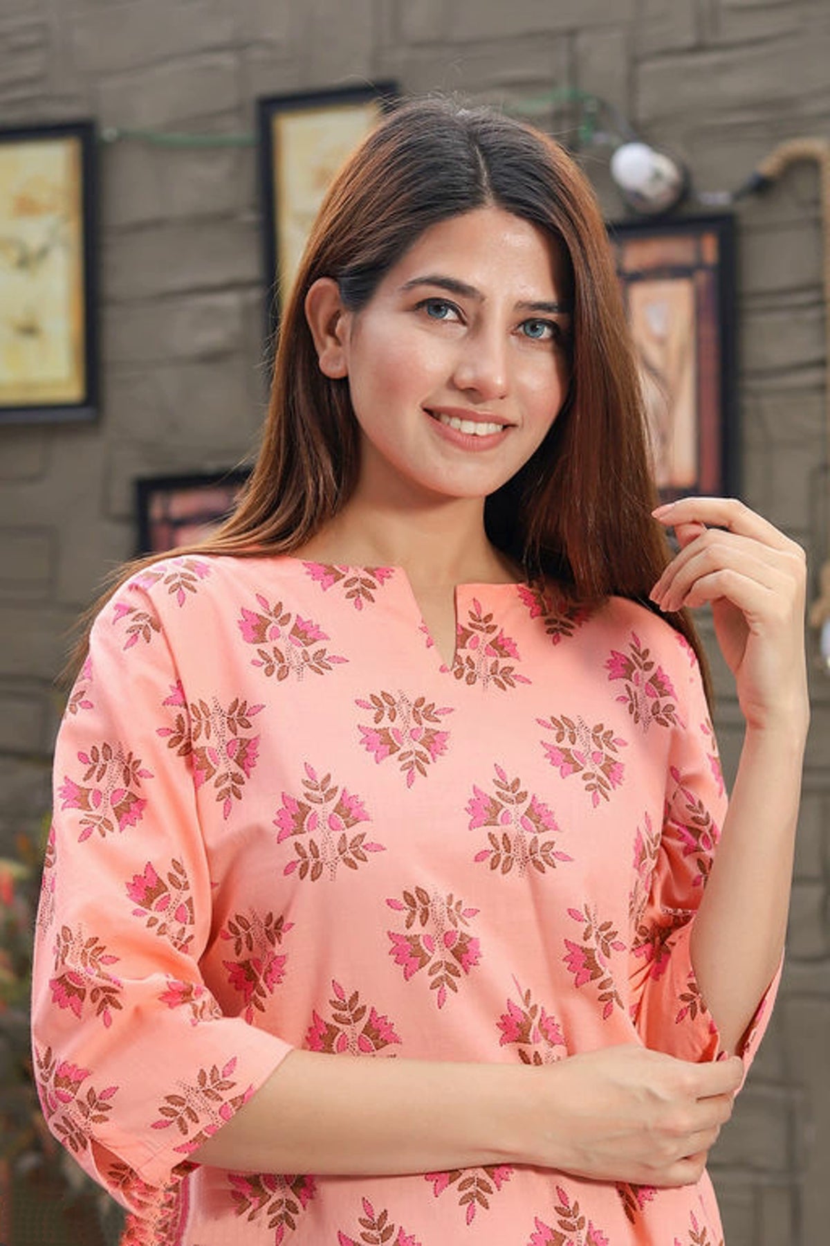 Women Peach Floral Printed Straight Viscos Cotton Lounge Wear