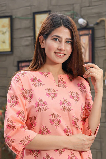 Women Peach Floral Printed Straight Viscos Cotton Lounge Wear
