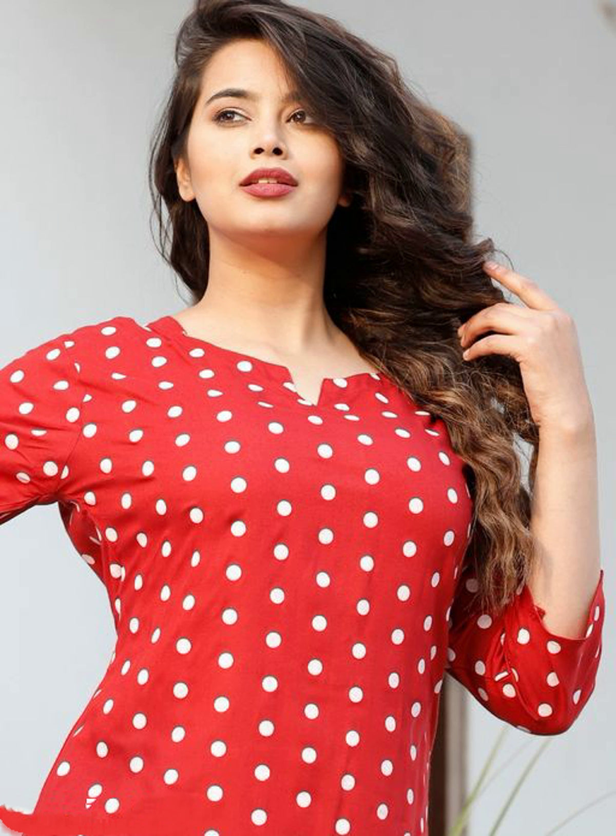 Women Red Polka Dot Straight Viscose Rayon Lounge Wear