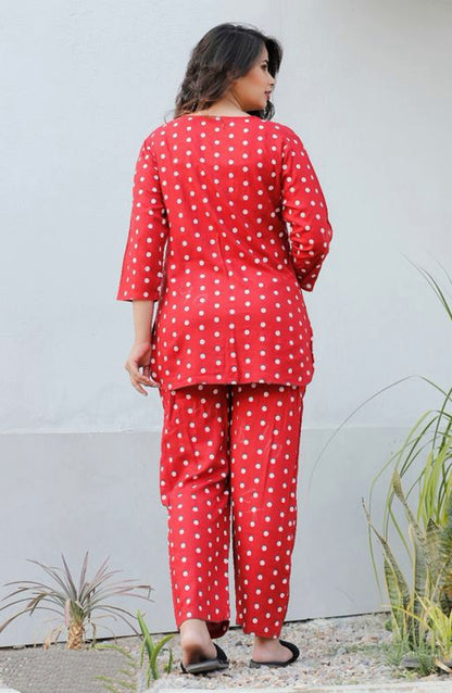 Women Red Polka Dot Straight Viscose Rayon Lounge Wear
