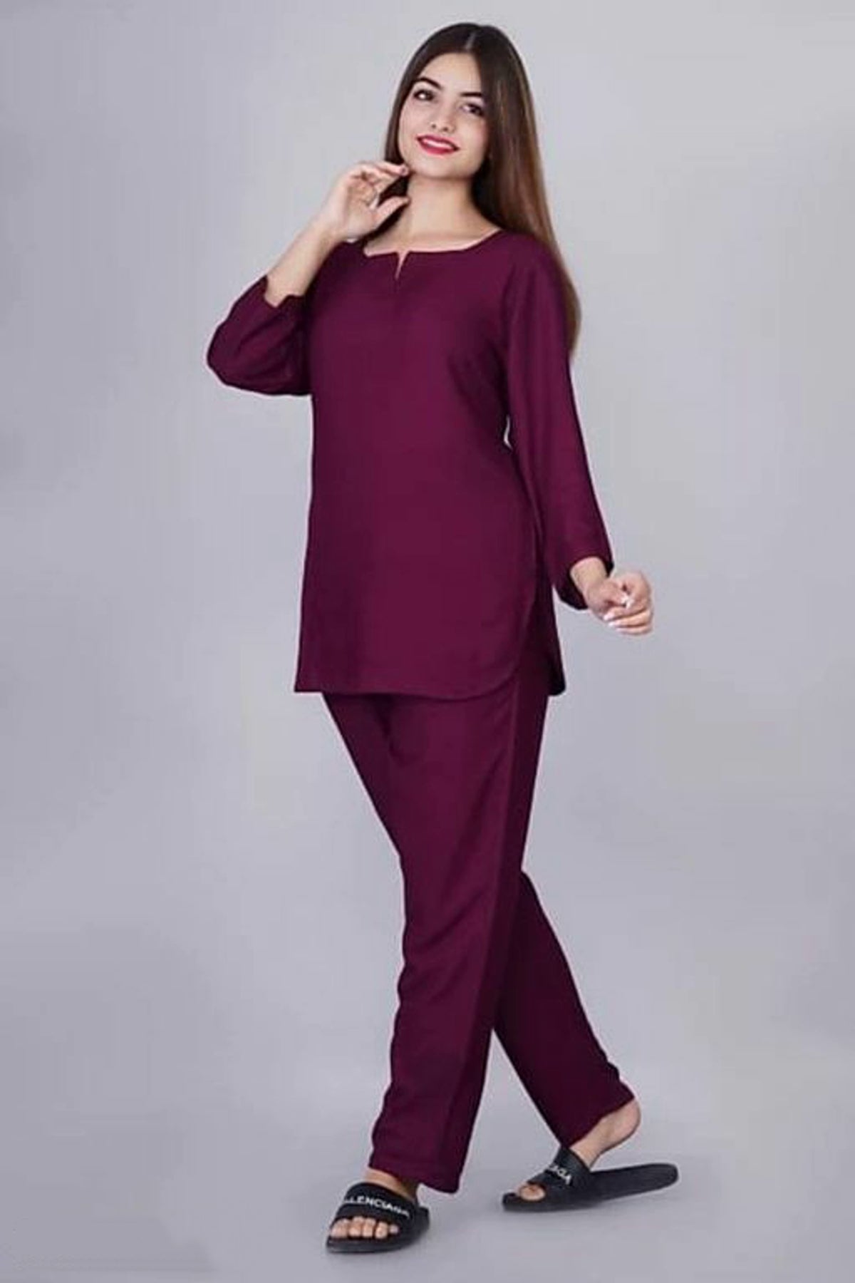 Women Purple Solid Straight Viscose Rayon Lounge Wear