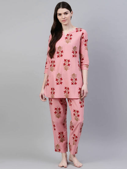Women's Peach Floral Printed Viscose Cotton Lounge Wear