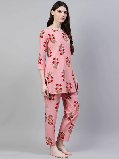 Women's Peach Floral Printed Viscose Cotton Lounge Wear