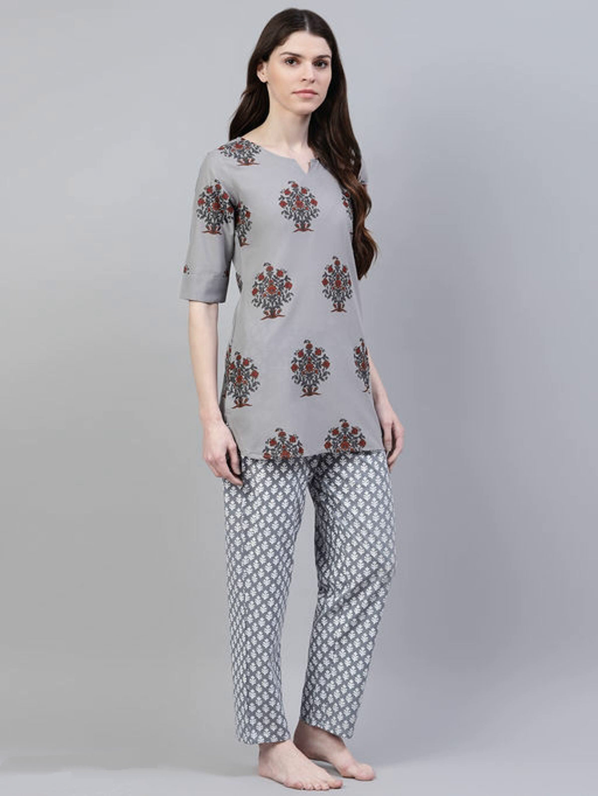Women's Gray Floral Printed Viscose Cotton Lounge Wear Set