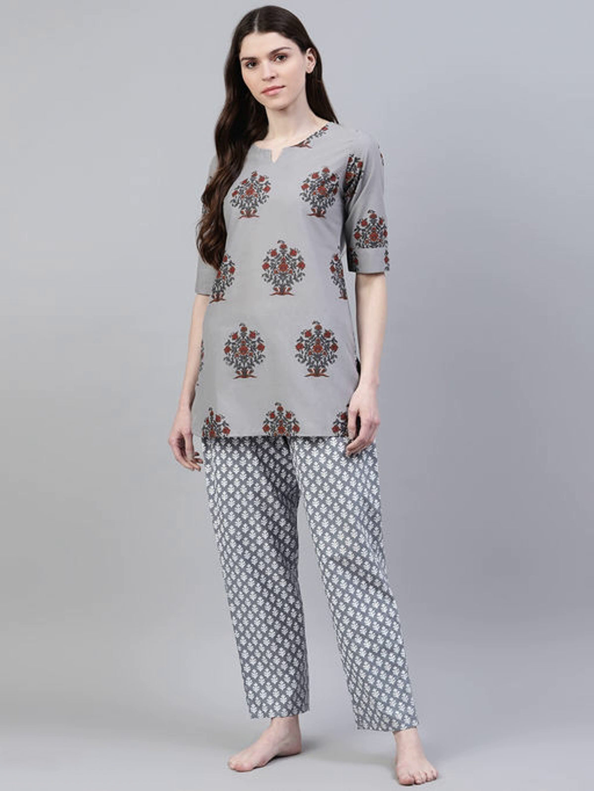 Women's Gray Floral Printed Viscose Cotton Lounge Wear Set