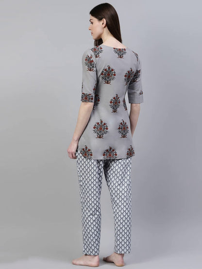 Women's Gray Floral Printed Viscose Cotton Lounge Wear Set
