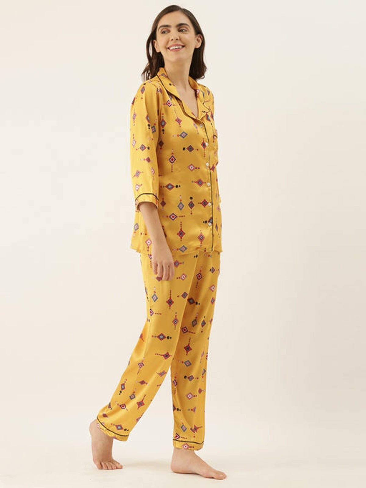Women's Super Comfortable Mustard Satin Lounge Wear