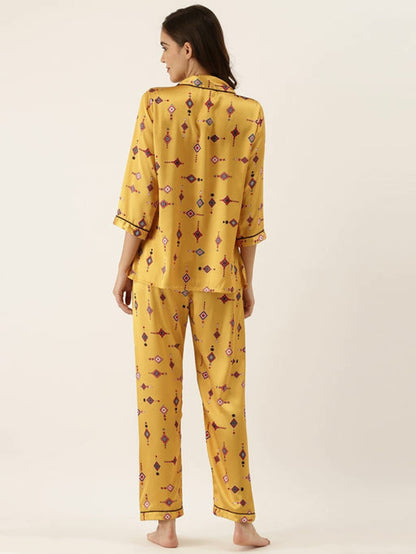 Women's Super Comfortable Mustard Satin Lounge Wear