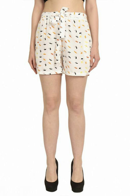 Women Cream Printed Regular Fit Crepe Shorts