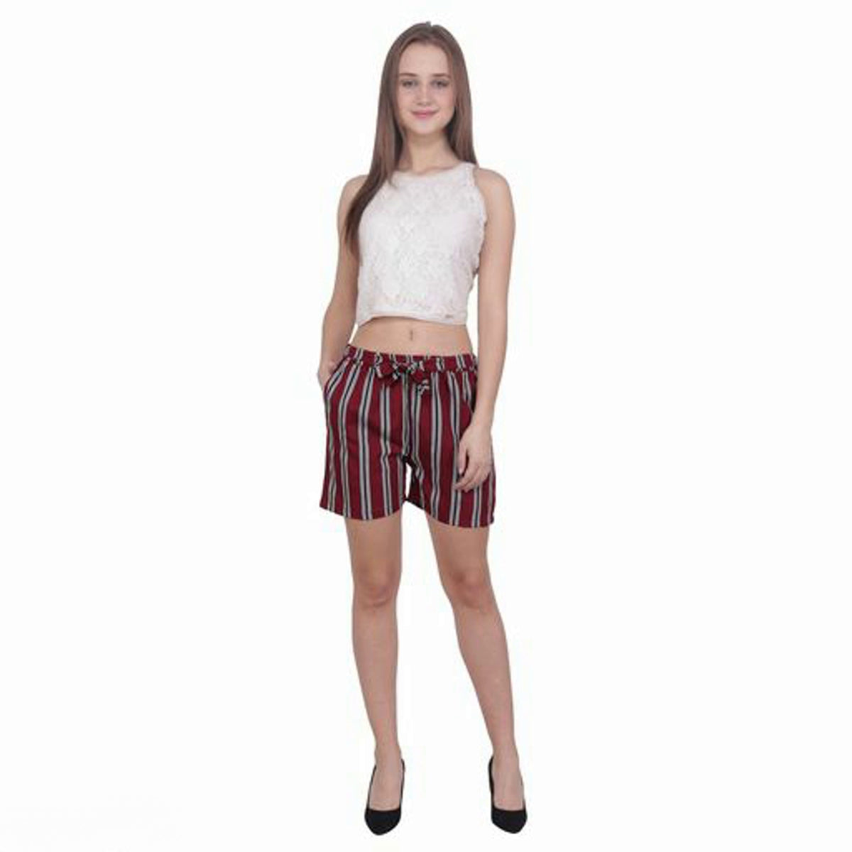 Women Maroon Striped Regular Fit Cotton Shorts