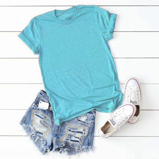 Women Solid Round Neck Aqua Blue Cotton TShirt