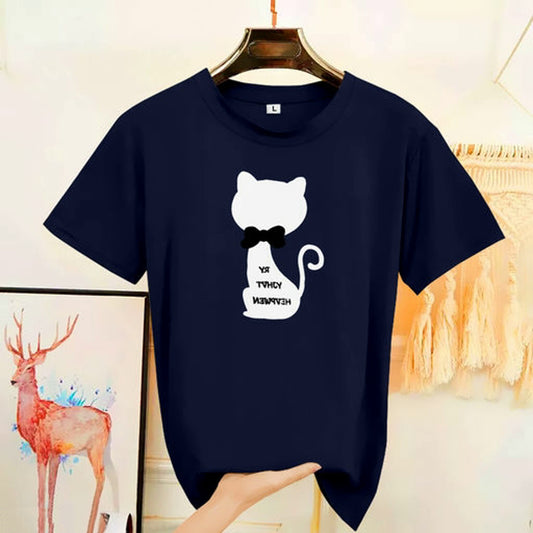 Women Kitty Black Solid Round Neck T-shirt