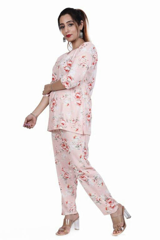 Women Cream Floral Printed Straight Viscose Rayon Lounge Wear