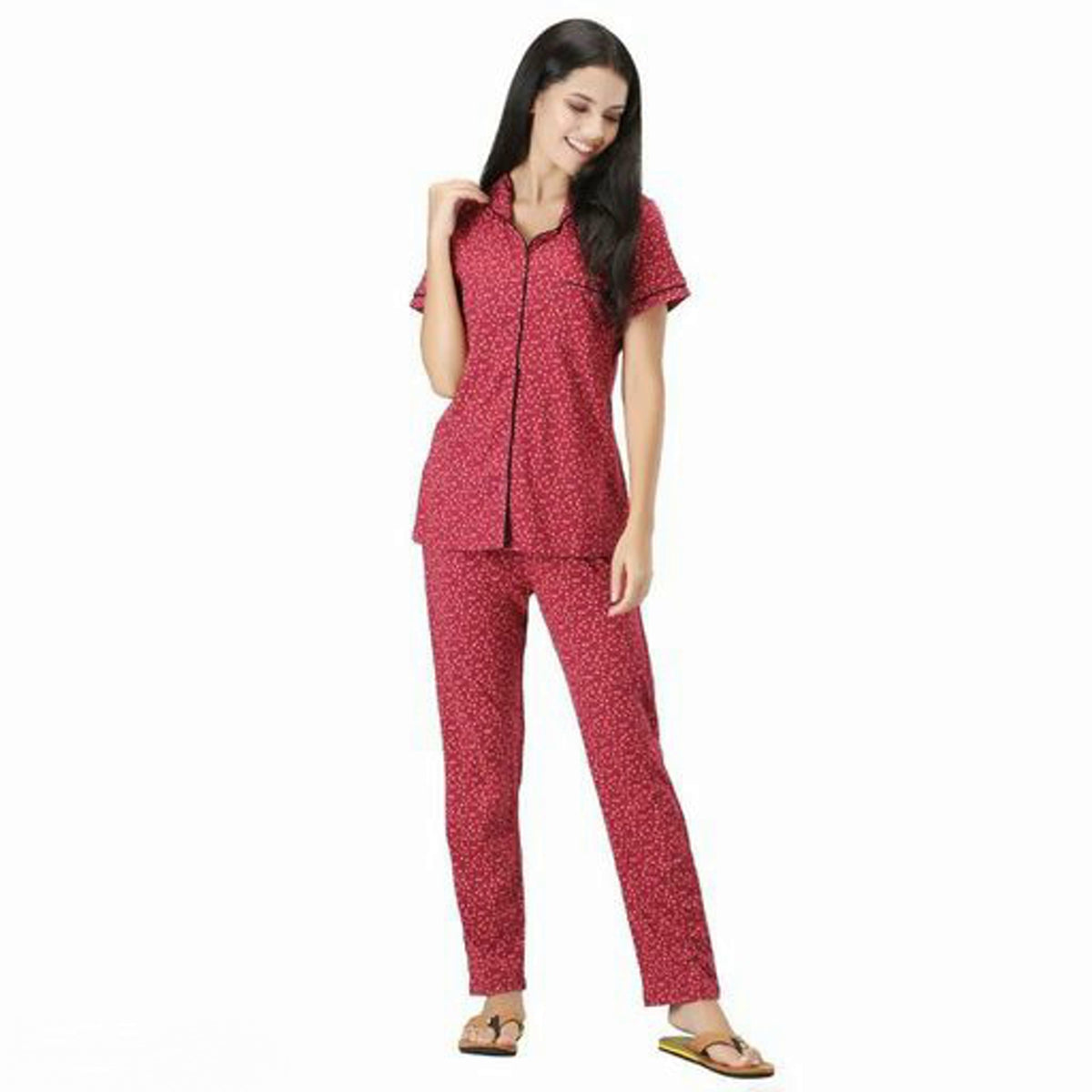 Women Red Printed Straight Viscose Cotton Lounge Wear