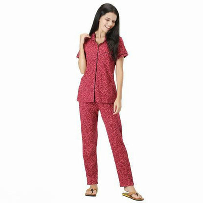 Women Red Printed Straight Viscose Cotton Lounge Wear