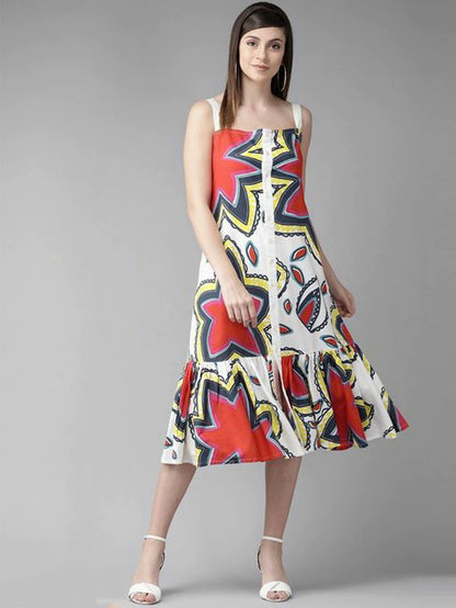 Women Red & White Floral Printed A-Line Dress