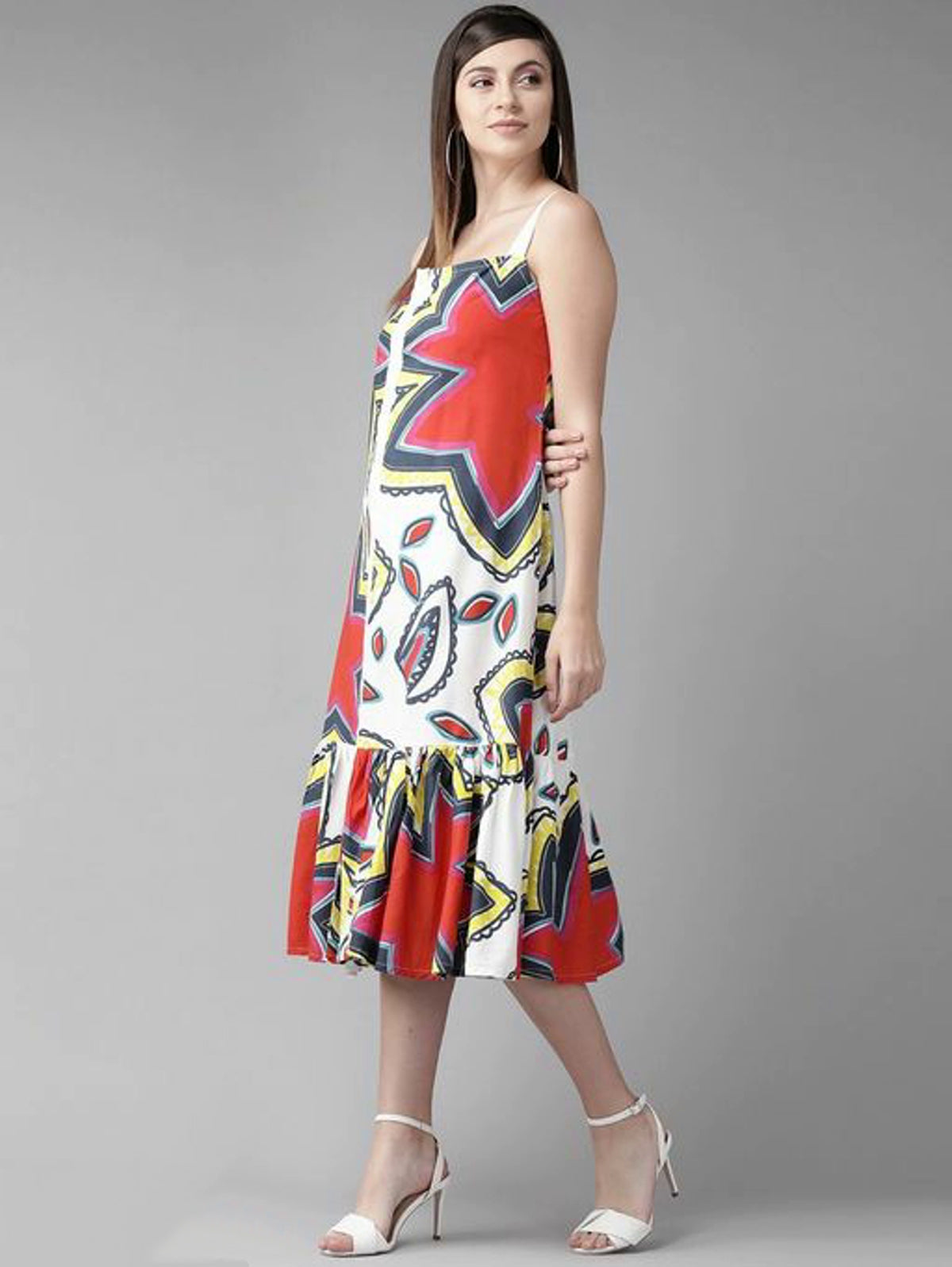 Women Red & White Floral Printed A-Line Dress