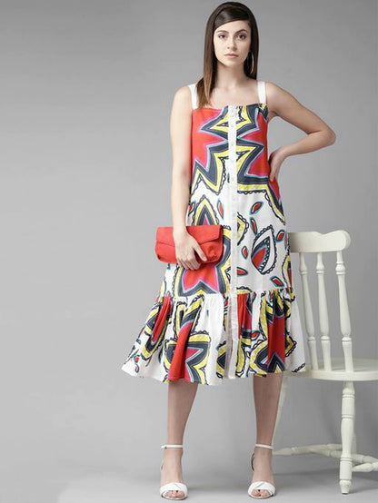 Women Red & White Floral Printed A-Line Dress