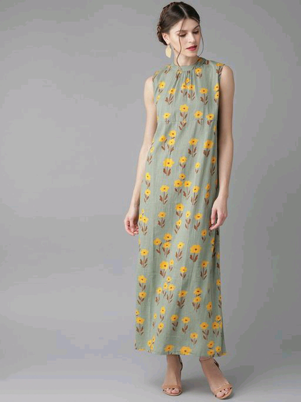 Women Super Sassy Green & Mustard Printed Maxi Dress