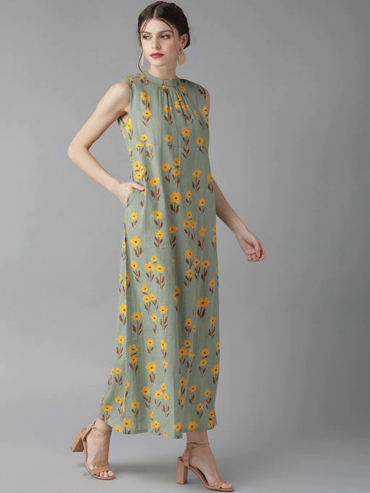 Women Super Sassy Green & Mustard Printed Maxi Dress
