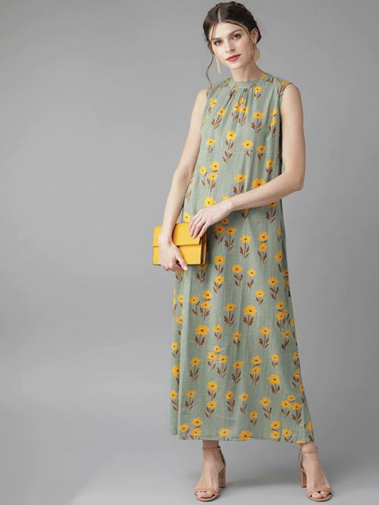 Women Super Sassy Green & Mustard Printed Maxi Dress