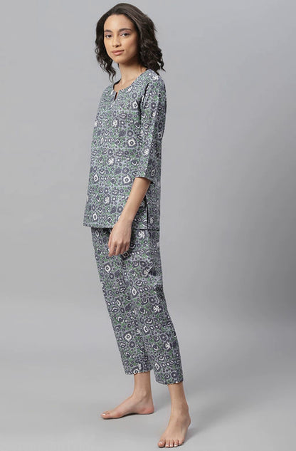 Women's Gray Printed Cotton Lounge Wear Set