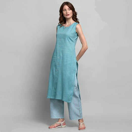 Women's Sleeveless Blue Solid Cotton Kurta