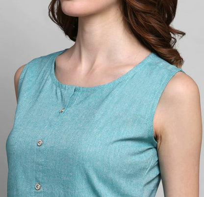 Women's Sleeveless Blue Solid Cotton Kurta