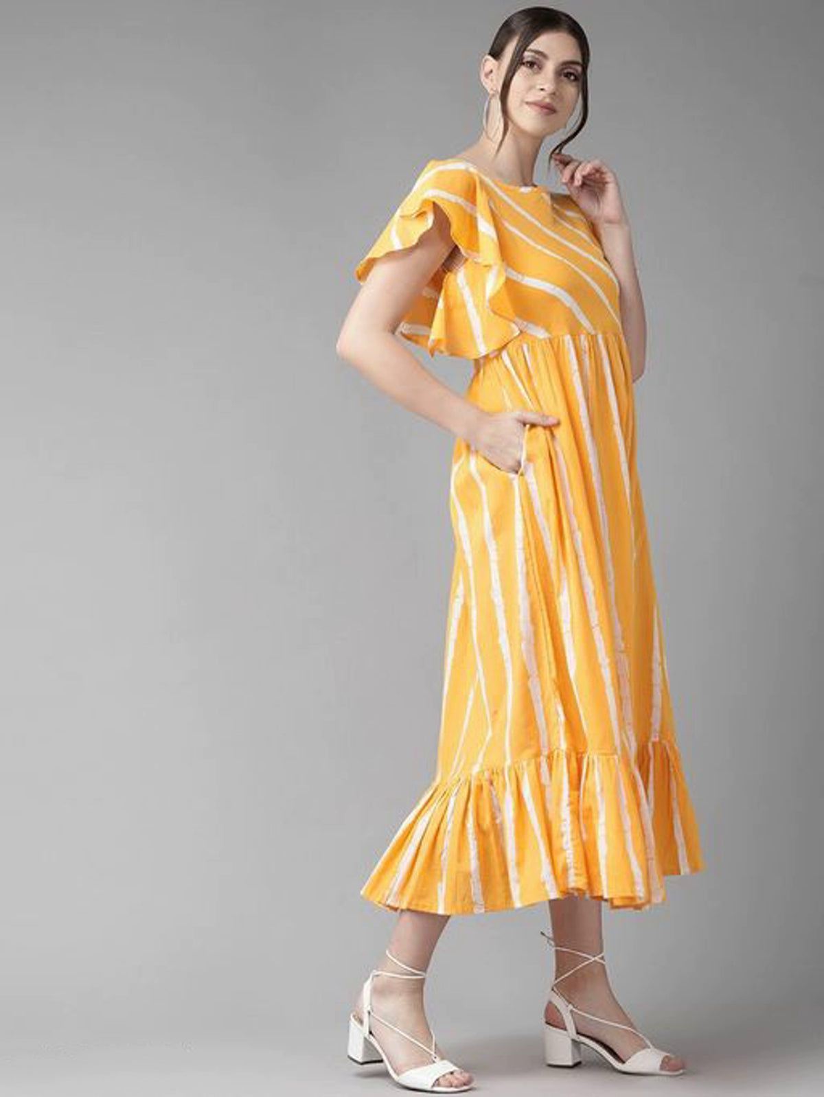 Women's Striped Mustard Fit & Flare Dress