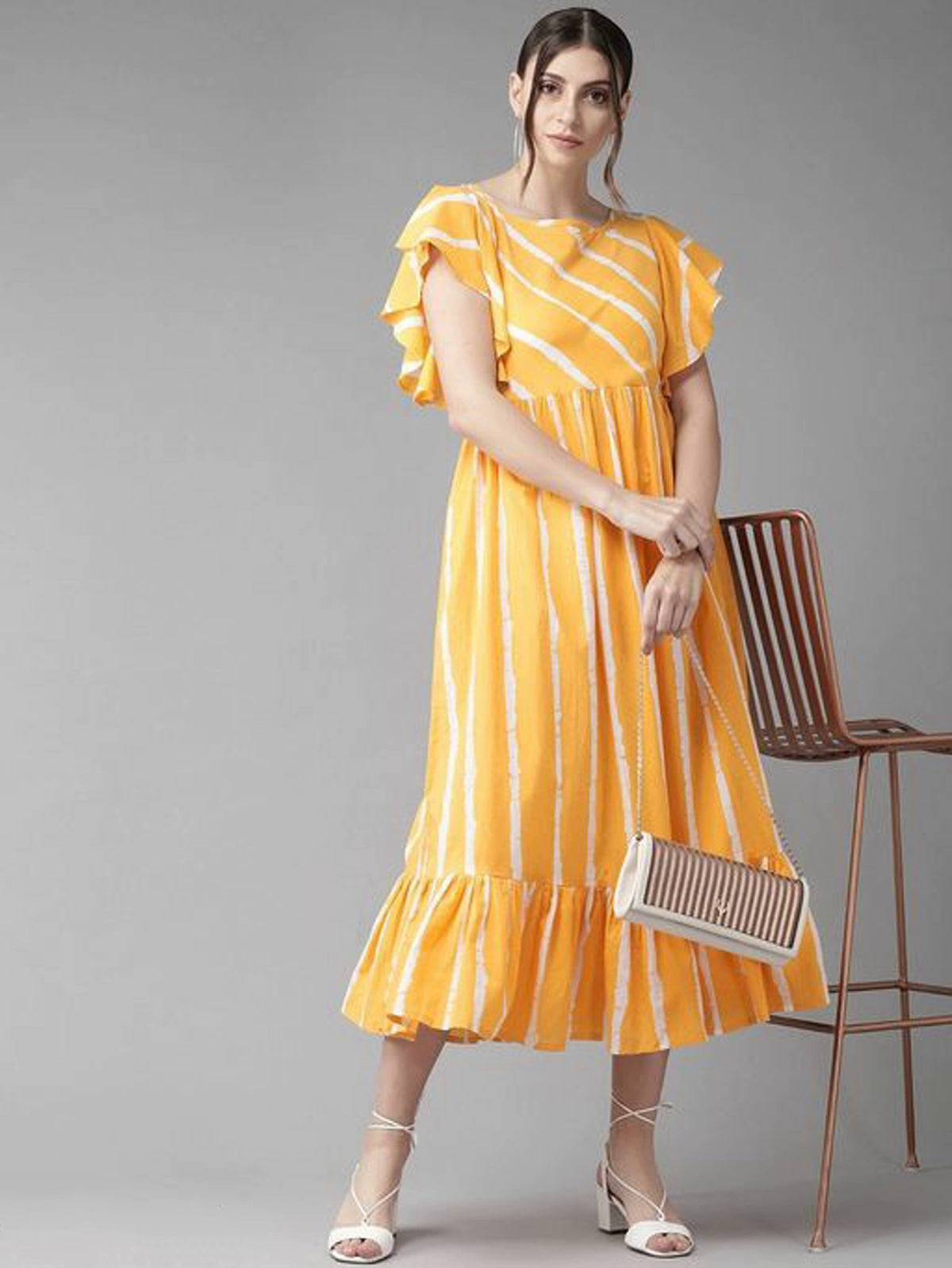 Women's Striped Mustard Fit & Flare Dress