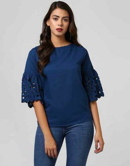 Women's Poly Crepe Navy Blue Soild Top