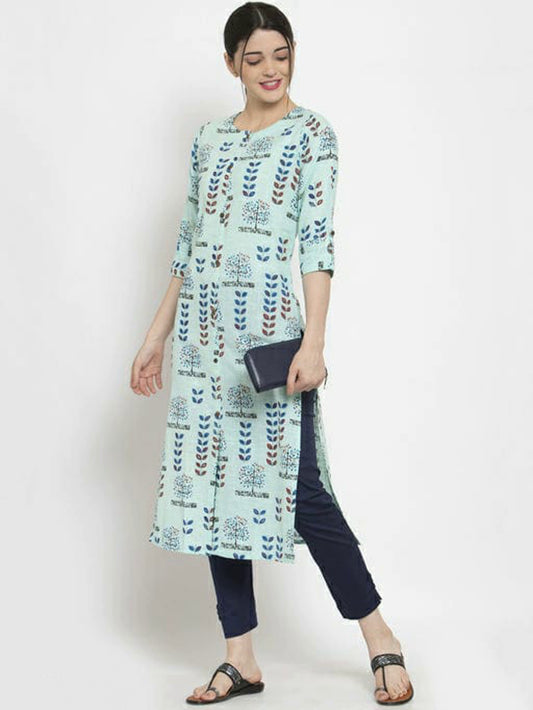 Women's Blue Printed  Cotton Kurta