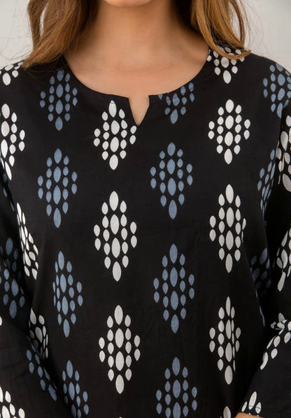 Women's Black Block Printed Cotton Lounge Wear Set