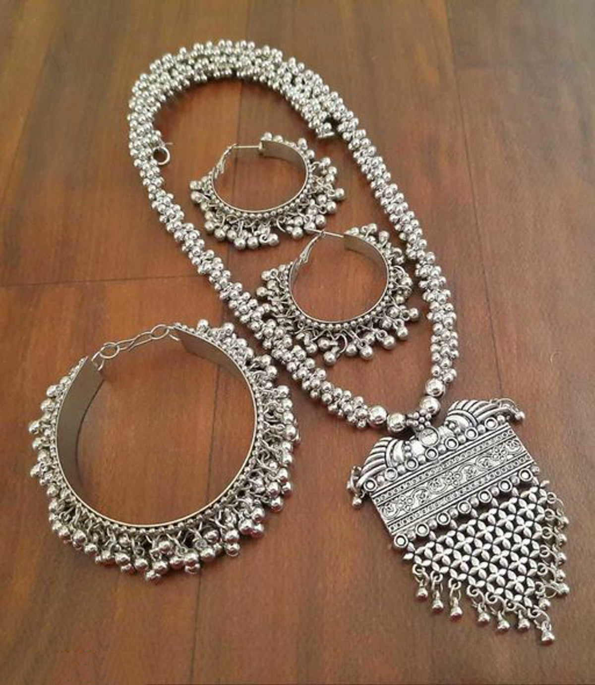 Women's Ghungroo Oxidized Necklace Set with Bracelet