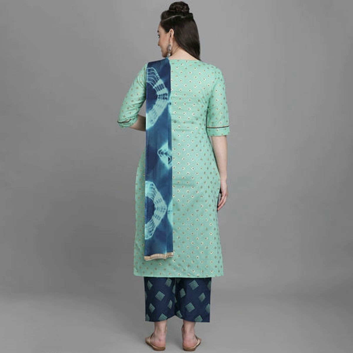 Women's Sea Green Cotton  Printed Kurta Set with Bandhani Dupatta