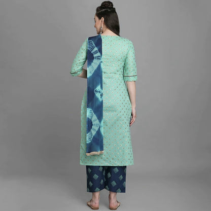 Women's Sea Green Cotton  Printed Kurta Set with Bandhani Dupatta
