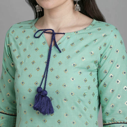 Women's Sea Green Cotton  Printed Kurta Set with Bandhani Dupatta