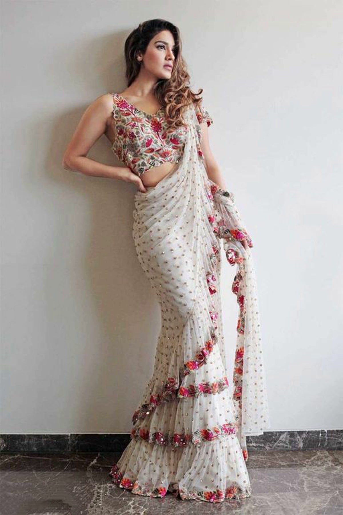 Women's White Designer Embroidered Ruffled Saree