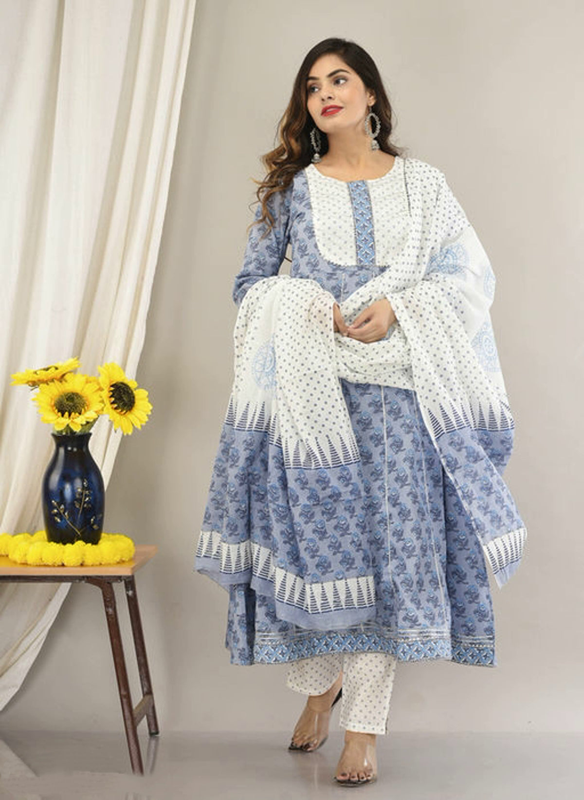 Women's Cotton Printed ALine Kurta Set with Dupatta
