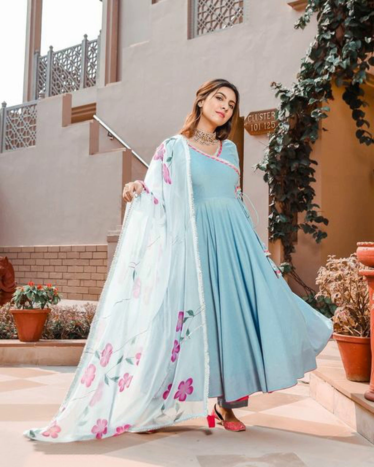 Women's Pretty Light Blue Anarkali Kurta Set with Designer Dupatta