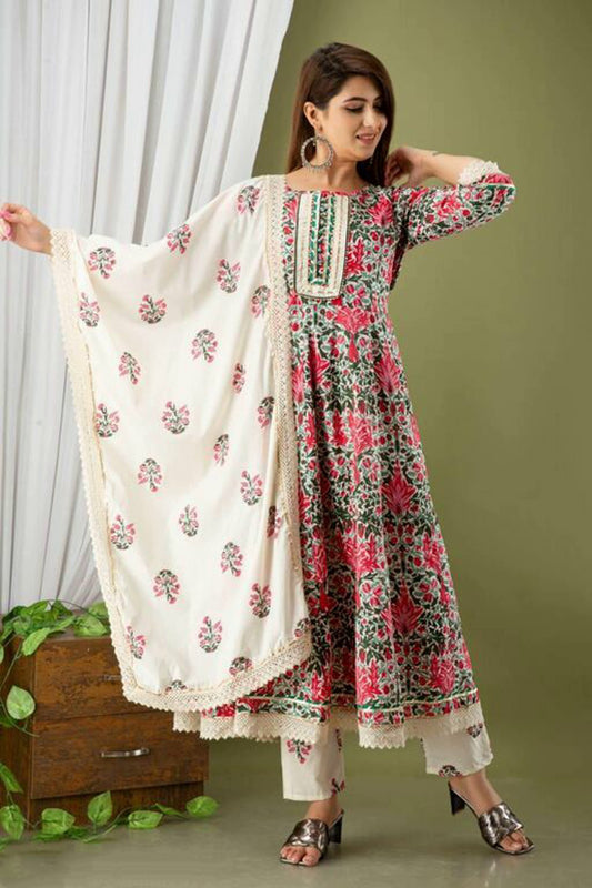 Women's A Line Printed Cotton Set with Dupatta