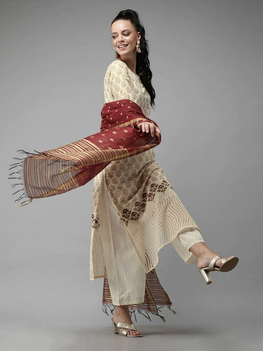 Women's Embroidered Cotton Kurta Set with Dupatta
