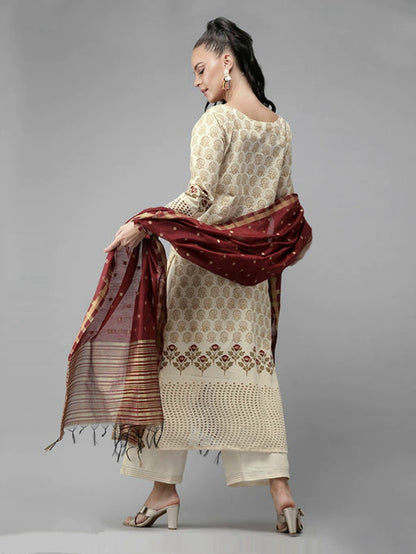 Women's Embroidered Cotton Kurta Set with Dupatta