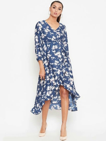 Women Blue Floral Printed High Low Dress
