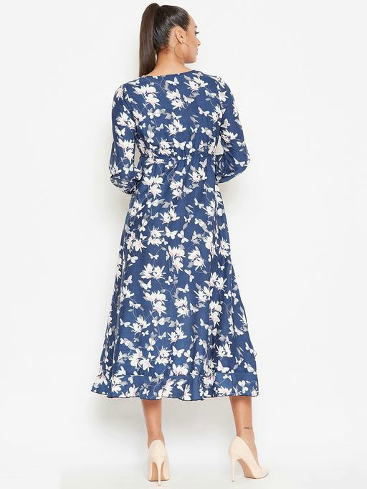 Women Blue Floral Printed High Low Dress