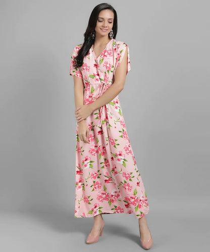 Women Pink Printed Floral Wrap Dress