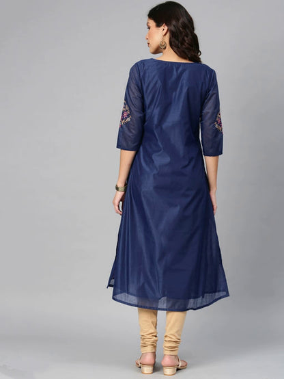 Women's Embroidered Navy Blue Silk Kurta