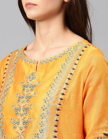 Women's Sunshine Yellow Embroidered Silk Kurta