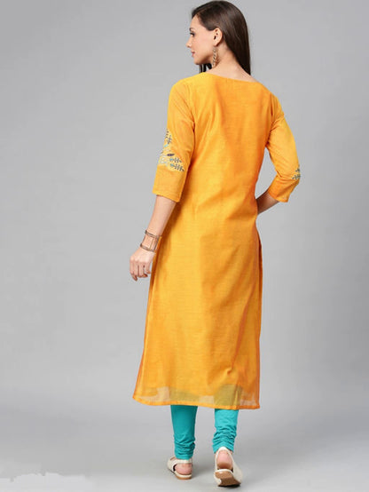 Women's Sunshine Yellow Embroidered Silk Kurta