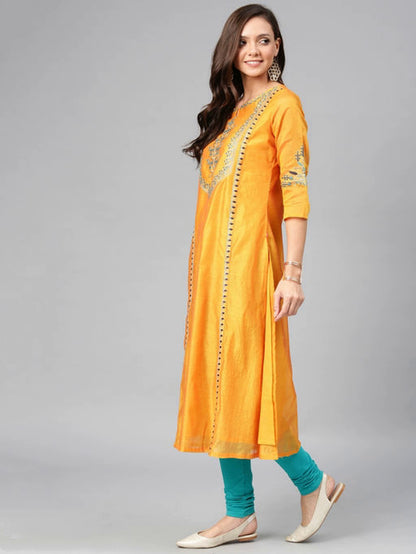 Women's Sunshine Yellow Embroidered Silk Kurta